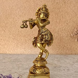 Brass 6&quot; Inch Lord Krishna Statue;Small Krishna Figurine;Flute Krishna Hindu Divine God;Gopal Krishna;Lord Vishnu Deity;Pooja Temple Mandir;