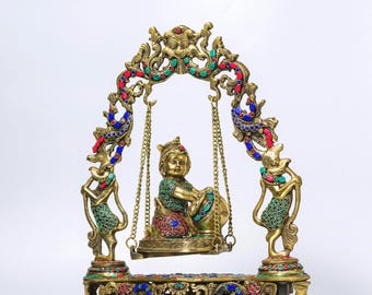 18-Inch Brass Baby Krishna on Swing Laddu Gopal Jhula for Pooja Room Bal Gopal Cradle Idol Hindu Festival Decor Janmashtami Gift for friends