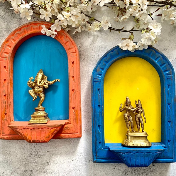 Pair of Distressed wooden wall hanging frames with Brass Lord Ganesha and lord Shivaparvathi idols; Vintage wall decor for living rooms;Gift