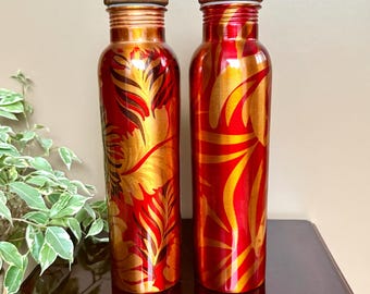 Handmade Pure Copper Water Bottle 32oz in unique Design, Eco-Friendly and Sustainable Ayurvedic Health Benefits Bottle Gift for Him and Her
