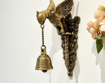 Brass Parrot Wall Hanging with Bell | Handmade Indian Home Decor, Vastu Feng Shui Door Hanging, Traditional Brass Wall hanging for entrance