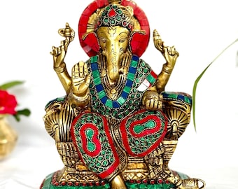 Brass Ganesha Statue 30cm Modern Ganpati Idol with Stone Inlay, Ganesh Murti for Home Decor, Hindu Elephant God, Housewarming Wedding Gift
