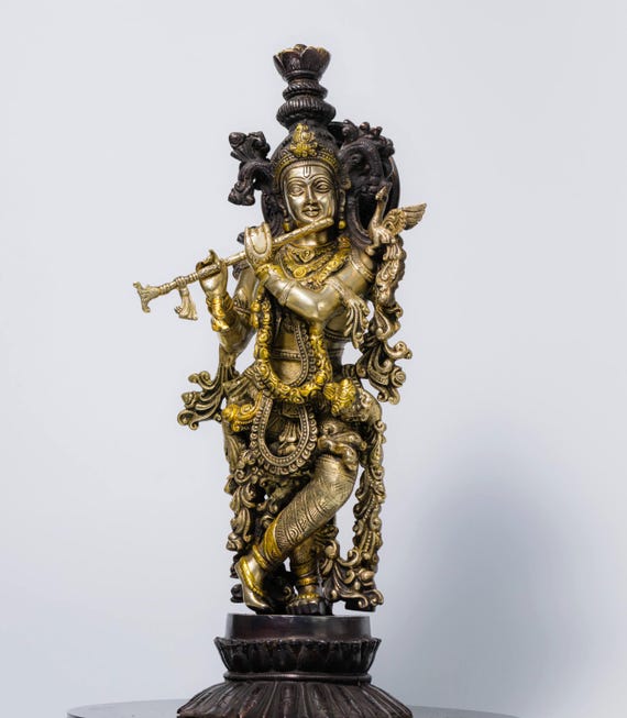 Statue de Krishna - Bois - 30 cm - Dieu Hindou Joueur de Flute - Inde -4732