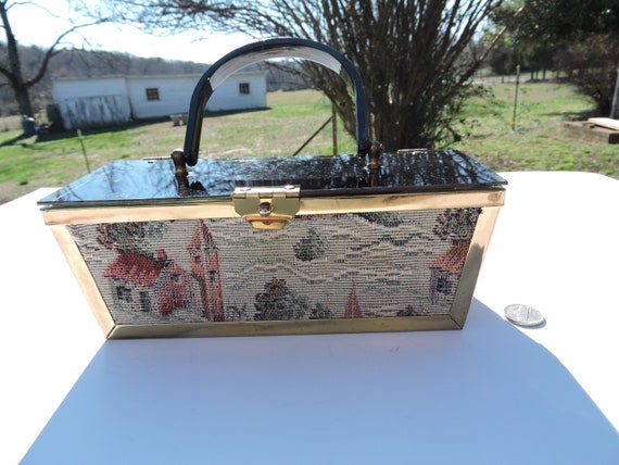 Lucite Tapestry Box Purse Brass 50's 60's MCM Even