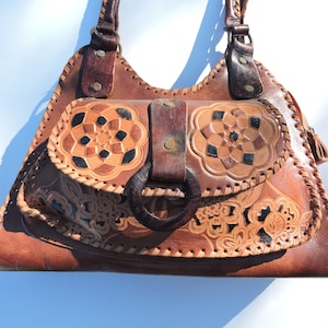 leather hand made tooled Aztec designed purse bag old vintage hippie clothing southwestern