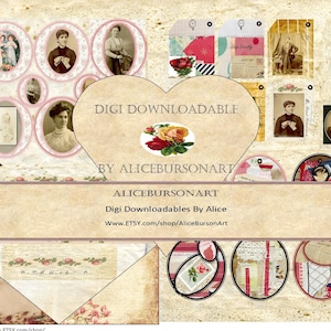 May include: A digital collage sheet with a heart-shaped design featuring a floral arrangement with pink and white roses. The sheet also includes various images of women in vintage clothing, including a woman in a pink dress, a woman in a white dress, and a woman in a black dress. The sheet is titled "Digi Downloadable by Alicebursonart".