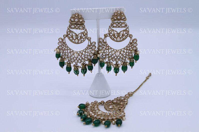 Indian Jewelry Polki Earrings /& Tikka Set