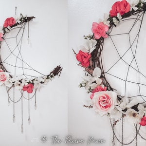 Lunar Crystal Dreamcatcher Moon Wreath - Large - Angel Aura Quartz, Dark Pink Rose - White.