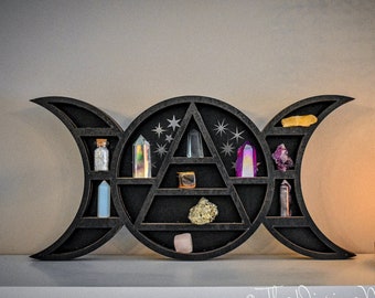 Triple Moon Shelf - Moon Goddess Shelf - Wooden Moon - Crystal Display - Crystal Shelf - Crystal Storage