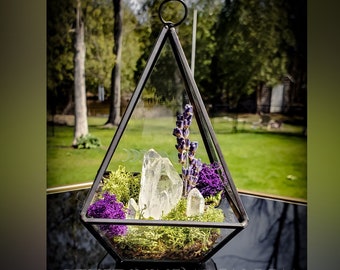 May include: A glass geometric terrarium with a clear glass pyramid shape. The terrarium contains a small arrangement of clear quartz crystals, dried lavender, and moss.