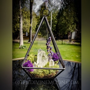 Jardin de cristal de lune – Présentoir de terrarium en quartz Aura – Décoration en verre d&#39;inspiration élémentaire – Disposition en cristal à suspendre ou à poser sur une table – 6 po.