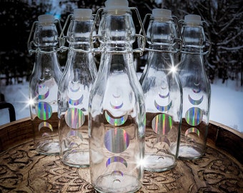 Aura Crystal Glass Moon Water Bottle 10 oz - Aura Wire Corked Lid - Altar Tools - Vintage Bottle - Perfect Moon Water Bottle