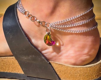 Bracelet de cheville croissant de lune prisme en cristal holographique - Bracelet de cheville pendentif lune en argent - Bijoux célestes bohèmes - Cadeau pour elle