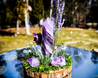 Wooden Slice Dream Amethyst Crystal Garden, Aura Quartz, Spell Garden, Protection Garden, Divine, Elements.