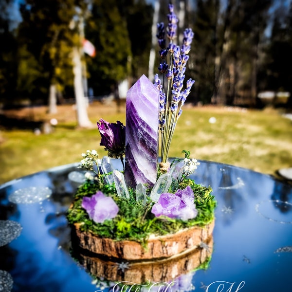 Wooden Slice Dream Amethyst Crystal Garden, Aura Quartz, Spell Garden, Protection Garden, Divine, Elements.