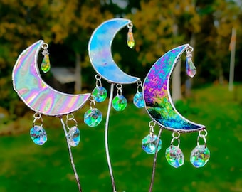 Stained Glass Moon Plant Stake - Garden Decor - Enchanting Plant Decor - Stained Glass Decor - Decorative Plant Stake, Iridescent Crystals