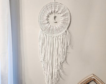 Moon Crystal Wall Hanging, Druzy Quartz Moon, Faux Leather, White Lace, Boho Decor, Large woven tapestry, Macrame