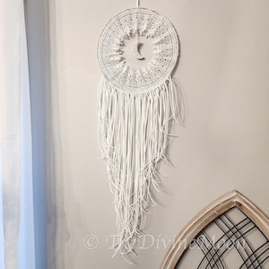 Moon Crystal Wall Hanging, Druzy Quartz Moon, Faux Leather, White Lace, Boho Decor, Large woven tapestry, Macrame
