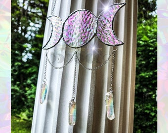 Stained Glass Triple Moon Sun Catcher Ornament, with Angel Aura Quartz Crystals, gift, Home Decor, Witchy, Gift