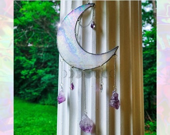 Stained Glass Moon Sun Catcher Ornament, with real Amethyst Crystals, gift, Home Decor, Witchy, Gift