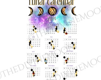 2024 Moon Phase Lunar Calendar, Moon Phases Chart, Printable in full color, moon calendar, Celestial, Moon Wall Art, Phone Calendar