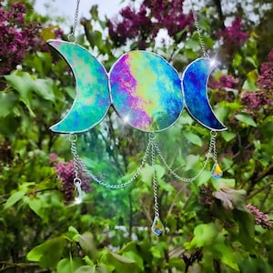 Stained Glass Triple Moon Sun Catcher Ornament with iridescent gems, gifts, Home Decor, Witchy, Gift, Stained Glass Decor, Sun Catcher