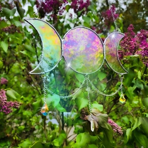 Stained Glass Triple Moon Sun Catcher Ornament with iridescent gems, gifts, Home Decor, Witchy, Gift, Stained Glass Decor, Sun Catcher