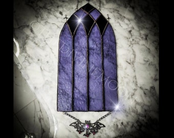 Gothic Arch Window Stained Glass Suncatcher, Halloween decor, Wall Sun Catcher, Stained Glass Decor Ornament, Purple Textured Glass, Gift