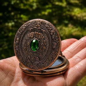 Seer’s Veil Black Scrying Mirror Pocket Watch – Gothic Witchcraft Divination Tool, Portable Wiccan Altar & Occult Meditation Mirror Bronze Green Gem