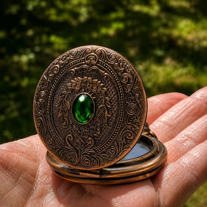 Seer’s Veil Black Scrying Mirror Pocket Watch – Gothic Witchcraft Divination Tool, Portable Wiccan Altar & Occult Meditation Mirror Bronze Green Gem