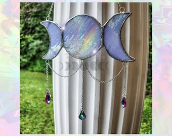 Stained Glass Triple Moon Sun Catcher Ornament, with Crystals, gift, Home Decor, Witchy, Gift