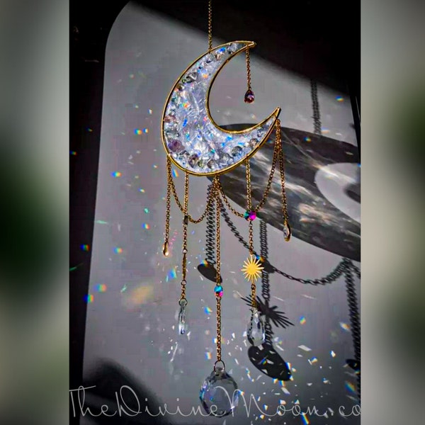 Crystal Moon Stained Glass- Like With Small Crystals - Lunar Decor - Sun Catcher - Goddess - Quartz Crystals - Crescent Moon Energy - Gift