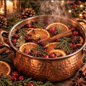 May include: A hammered copper pot filled with a steaming liquid containing sliced oranges, whole cranberries, cinnamon sticks, star anise, cloves, and green evergreen sprigs. The pot features two side handles and a textured metallic surface.