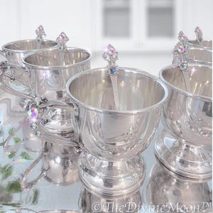 Magical Iridescent Crystal Gemstone Tea Cups Set of 6 | Sterling Silver Tea cups with Shimmering Gems | Whimsical Tea, Ornate, Vintage