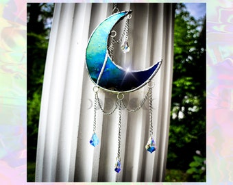 Stained Glass Moon Sun Catcher Ornament, with Crystals, gift, Home Decor, Witchy, Gift