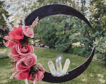 Boho Black Aura Quartz Glitter Moon - Dark Moon Collection - Lunar Decor - Wall Hanging - Goddess - Present - Crystals - Moon Energy - Gift