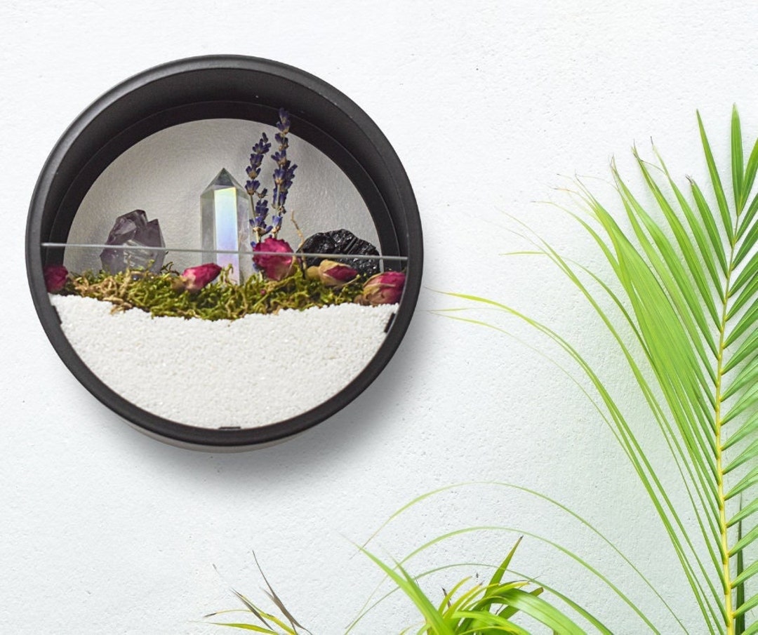 Crystal Garden Wall Display Terrarium, Aura Quartz Points, Crystal