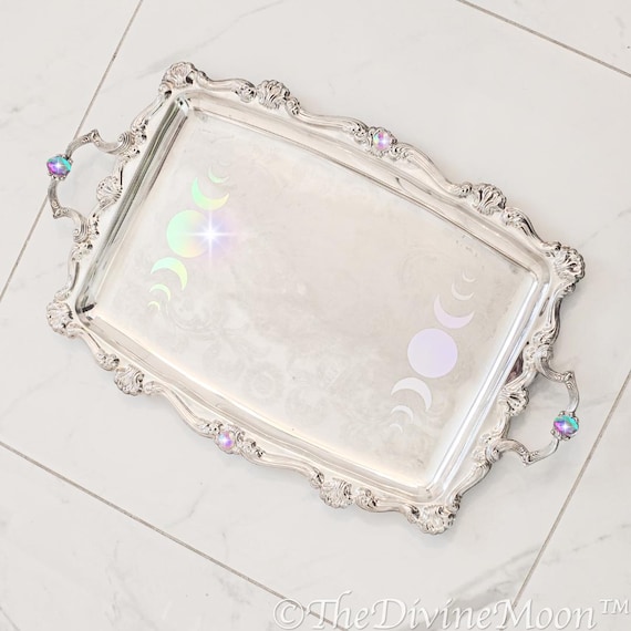 Silver Tea & Coffee Tray with Moon Phases | Ornate Tray with Gemstones | Whimsical Celestial Serving Tray | Elegant Vintage-Inspired Decor