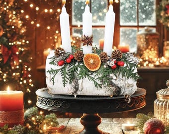 May include: A Christmas centerpiece featuring three lit white candles. The candles are arranged in a birch bark base adorned with pinecones, berries, and greenery. The centerpiece rests on a black metal stand, creating a warm, festive holiday display.