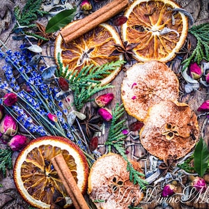 May include: Dried orange slices, cinnamon sticks, and apple rings with cinnamon sprinkled on top, arranged on a wooden surface with sprigs of lavender, cedar, and other dried herbs.