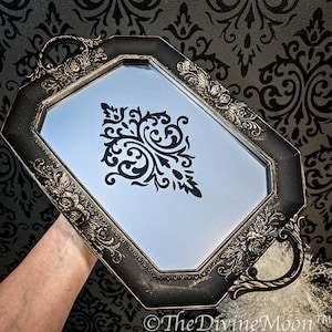 Black Tray, Gold Embossed, Gothic Damask, Home Decor, Glamorous, Halloween Decor, Mirror Tray, Vintage Tray, Vintage Mirror, Gothic Mirror