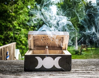 Moon Phase Wood Incense Holder & Storage Box – Dual Style – Eco-Friendly Handmade – Meditation Gift – Black Wood Aromatherapy Decor