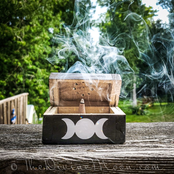 Moon Phase Wood Black Dual Incense Holder and Storage Box - Eco Friendly Handmade - Gift - Meditation, Yoga, Incense