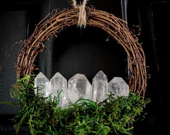 Clear Quartz Wreath, Wall Hanging, Cottagecore Decor, Witchy Decor, Witch Gift, Quartz Crystals, Amplify Energy in the Home, Altar Decor