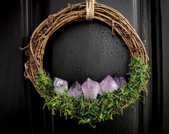 Crystal Amethyst Wreath, Wall Hanging, Cottagecore Decor, Witchy Decor, Witch Gift, Quartz Crystals, Amplify Energy in the Home, Altar Decor