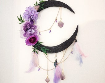 Purple Moon Wreath with Gold Accents - Moon Wall Hanging - Lunar Decor - Wall Hanging - Goddess - Amethyst - Crystals - Crescent Moon - Gift