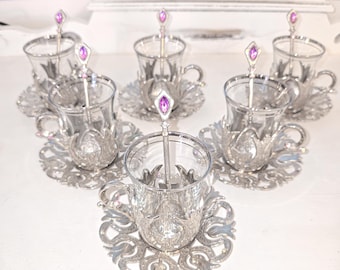 Whimsical Iridescent Crystal Tea Set | Sterling Silver Mini Tea Cup Set with Shimmering Gems & Spoons | Magical Decor, Gift, Purple Gems