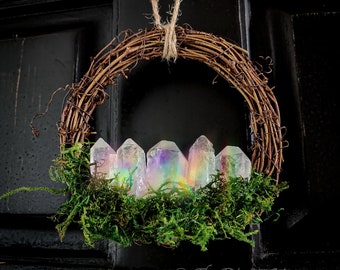 Aura Quartz Wreath, Wall Hanging, Cottagecore Decor, Witchy Decor, Witch Gift, Quartz Crystals, Amplify Energy in the Home, Altar Decor