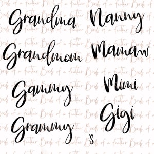 Hand geschreven grootmoeders namen bestand, acht grootmoeder titels, waaronder 's, oma, oma, nanny, Gigi, mamaw, Grammy, gammy, mimi