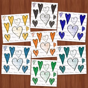 Herz-ClipArt, Liebe, College-Farben, von Hand gezeichnet, Herzen; EIGHT Blätter von grau, gelb, TN orange, UK blau, Petrol, grün, Carolina blau.